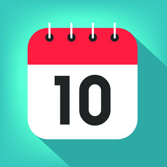 Calendar day 10. Number ten on a white paper with red border on blue background vector.