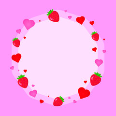 This is a cute Valentine’s Day frame background with hearts and strawberries. Cute vector card. 