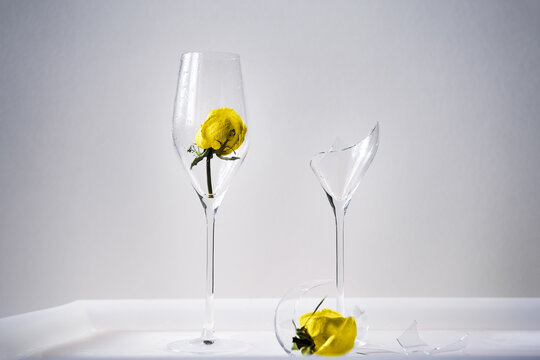 Two Champagne Glasses with a dry yellow rose on gray background. Broken glass.