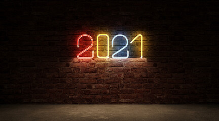 Color Neon light of 2021 New Year Symbol on brick wall