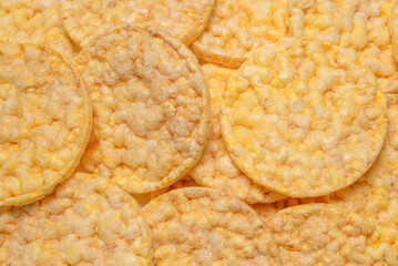 Rice wafers background, top view.