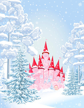 Castle forest snow night winter. Pink princess castle in the winter snowy forest. Winter snowy night
