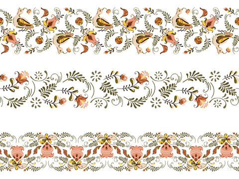 Vector floral set of seamless ornament border with flowers and birds in russian folk art painting style,
