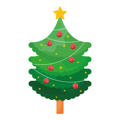 happy merry christmas pine tree with balls and star vector illustration design