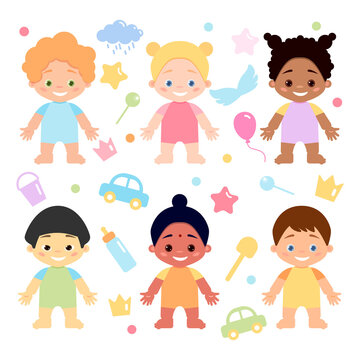 Multiethnic or multinational baby girls set isolated on white background. Cute babies with different skin, eyes and hair color. Vector illustration in flat style.