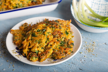 Vegetable patty with pumpkin, onion and dill. Pumpkin fritters.