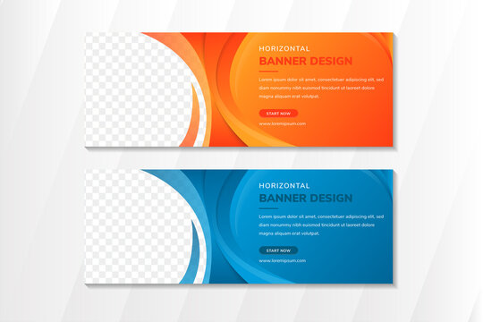 Set of abstract horizonal banner template design with curve element and orange gradient background. space for photo on right side. 