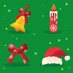 bundle of four happy merry christmas icons in red background vector illustration design