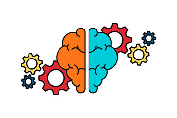 Creative and idea concept. Brain and gears on white background. Artificial intelligence.