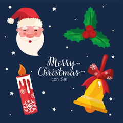 bundle of four happy merry christmas icons and lettering vector illustration design