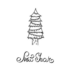 New Year calligraphy Black pine tree garland line counter handdrawn illustration. Christmas evening greeting post card winter cutout white background. Coloring page graphic design typography sign