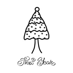 Black white fir tree pine flyer isolated illustration. Christmas ornate forest leaflet. December nature plant painted for postal image, postcard, congratulation, napkin, celebration greeting card. 