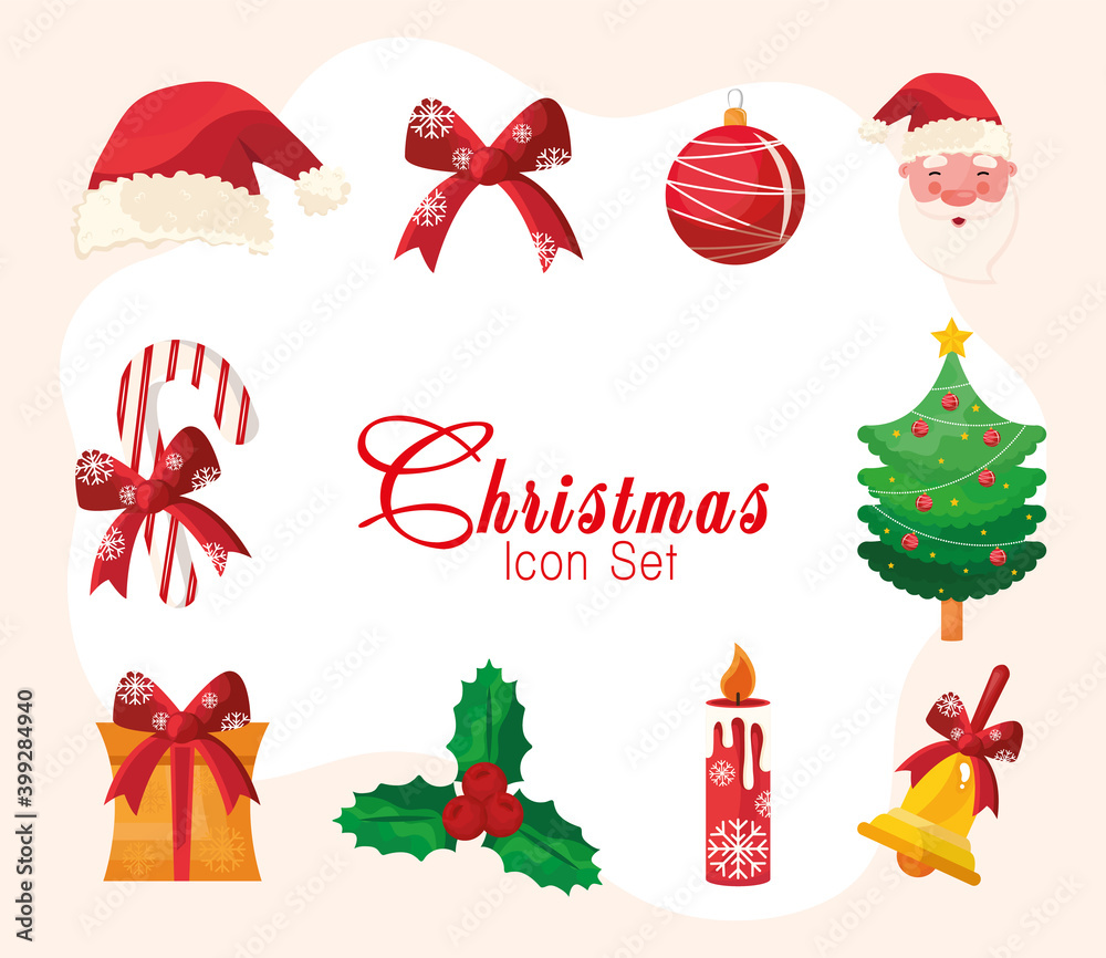 Sticker bundle of ten happy merry christmas icons and lettering vector illustration design