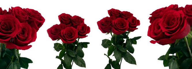 Bouquet of five red red roses close up in daylight with different views on a white background