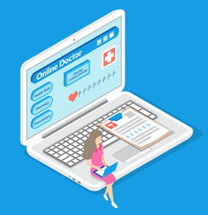 Isometric illustration. Woman with laptop sitting at big laptop. Patient woman looking at screen. Online consultation with doctor. Medical virtual help at distance. Opening medical website of clinic