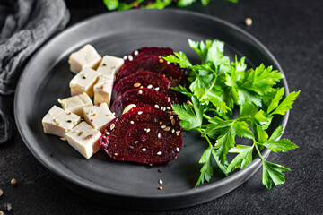 salad beet, pear and cheese organic snack ready to eat on the table healthy meal snack  top view copy space for text food background rustic