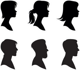 Set of portraits of men and women in profile only the head and shoulders. Black silhouette isolated on white background vector illustration