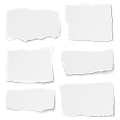 Set of paper different shapes tears placed on white background