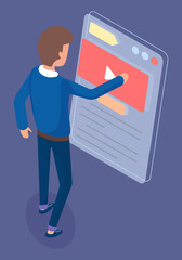 Video player on the tablet near man vector illustration. Mobile device for watching digital information video. Male character selects a video on the smartphone screen, watching tutorial