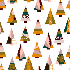 Seamless Vector cartoon triangular Christmas tree pattern. Hand drawn firtree on white background. Festive boho color Ornament Scandinavian fir symbol of Happy New Year, Merry Christmas, holiday party