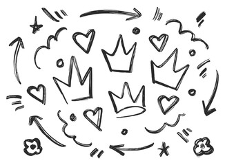 Vector illustration: Hand drawn textured black sketch elements set on white background.