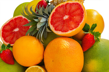 Bright fresh juicy tropical fruits isolated on white background. Pineapple, Strawberry, Grapefruit,...