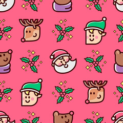 CHRISTMAS CHARACTERS HEAD SANTA ELF BEAR AND REINDEER SEAMLESS PATTERN IN RED BACKGROUND