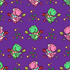 HAPPY PINK AND GREEN DINOSAUR WITH PRESENTS SEAMLESS PATTERN IN VIOLET BACKGROUND