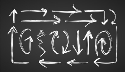 Vector Set of Hand drawn white arrows on chalkboard background.