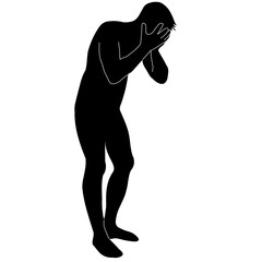 Complete failure, wreck of hope the silhouette of a man who leaned forward and covered his face with his hands. Vector illustration of headache black on white background isolated.