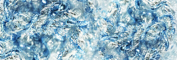 Blue and silver tinsel macro texture for sparkling Christmas and New Year background. Shiny bright...