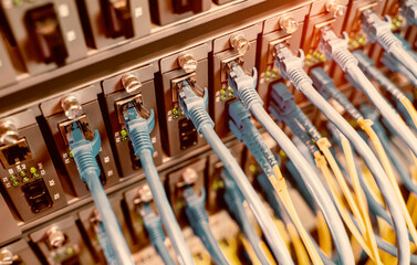 Server rack with blue and red internet patch cord cables connected to black patch panel in data...