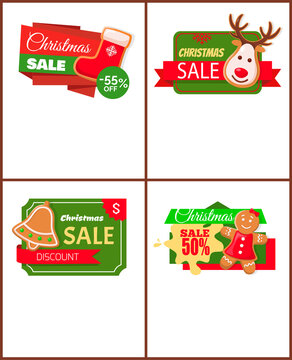 Christmas Sale Price Off, Cookies And Text Web Vector. Online Page With Reindeer And Bells, Gingerbread Snacks, Socks With Deer Print, Big Discount Offer