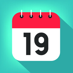 Calendar day 19. Number nineteen on a white paper with red border on blue background vector.