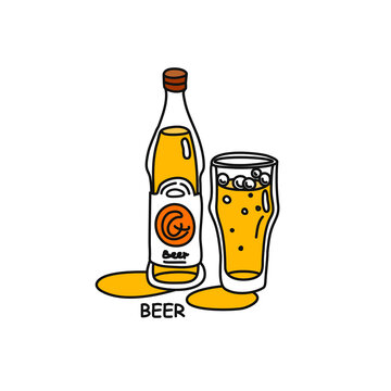 Beer bottle and glass outline icon on white background. Colored cartoon sketch graphic design. Doodle style. Hand drawn image. Party drinks concept. Freehand drawing style