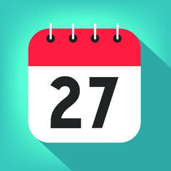Calendar day 27. Number twenty-seven on a white paper with red border on blue background vector.