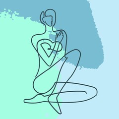 Vector outline illustration of woman body on abstract blobe background. One line drawing. Use it as greeting card, poster, banner, social media post, fashion print, invitation, sale, brochure