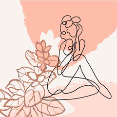 Vector outline illustration of woman body on abstract floral background. One line drawing. Use it as greeting card, poster, banner, social media post, fashion print, invitation, sale, brochure