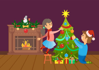Naklejka premium Smiling boy and girl decorating Christmas tree with gift boxes near ornamented fireplace with snowflakes and balls. Preparation for winter holiday vector