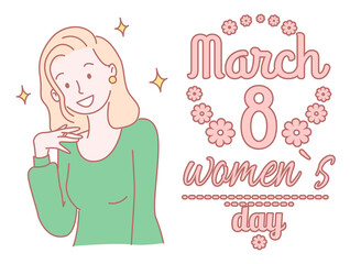 Womens day, eighth of march concept. Young hand-drawn blonde girl in green blouse inspired by the holiday, young female closeup. Stars around the head. Template for greeting card Hand drawn style