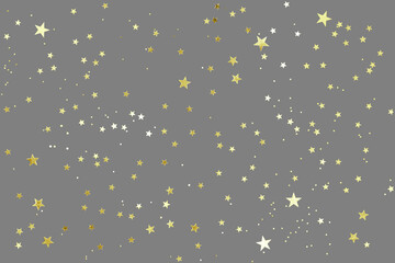 Gray background with shiny golden glitter on it. Dots, stars and little sparkles in flat lay stile. Festive concept.