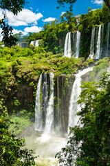 View from the jungle to Iguazu Falls, the largest waterfall in the world. UNESCO world heritage in Brazil and Argentina