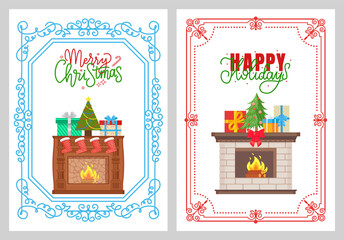 Merry Christmas flame in fireplace decorated with pine vector. Socks and evergreen tree with baubles, presents with bows, spruce for winter holiday