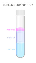 Vector icon of a glass test tube with a solvent free two‑component adhesive composition isolated on white background. Polymer or resin, hardener, additives. Chemistry infographic, gluing, sticking.