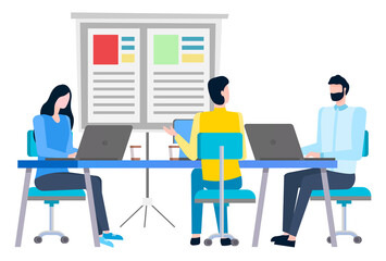 Consultants or agents isolated, teamwork of experienced colleagues. Vector brokers collaboration, worker sitting at table and discussing business issues