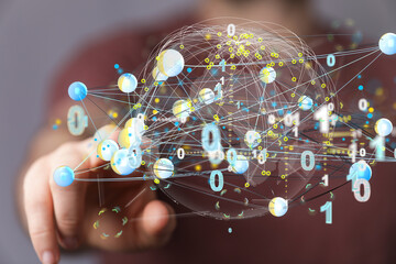 Data cloud storage network from lines, triangles and particle style design.