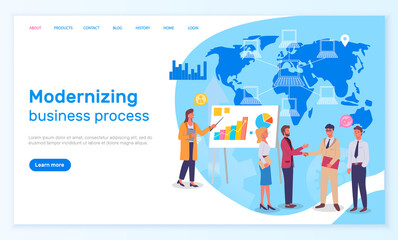 Modernizing business process, landing page of website, successful partnership, present financial plan at board, presentation of improvement of business, improve new technology, connecting with world