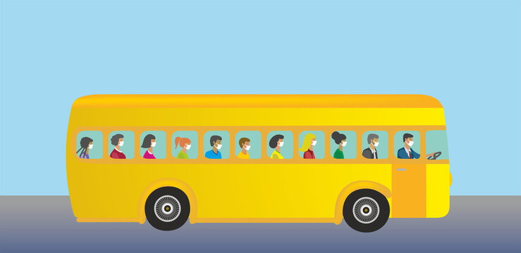 Yellow bus with variation of passengers in gender, ethnicity and age.  All wearing mouth guards. The bus could also be found in blue and in red and without moutguards. Vector illustration. EPS10.