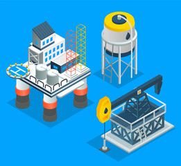 Oil petroleum industry. Isometric industrial icons. Making industrial petroleum for different purposes. Oil storage and extraction, oil drilling rigs. Petroleum storage, oil refinery. Flat design