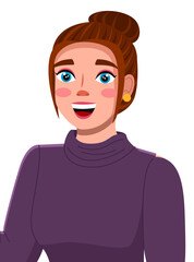 Portrait of young woman with dark hair wearing lilac sweater. Cute smiling girl isolated on white background flat style. Pretty positive female character, student or businesswoman, beauty blogger